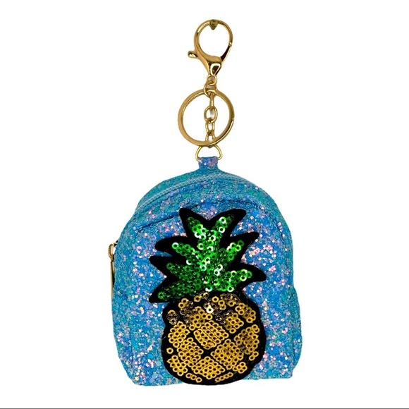 GLITTER PINEAPPLE MINI BACKPACK COIN PURSE KEYCHAIN IN BLUE - Picture 2 of 5